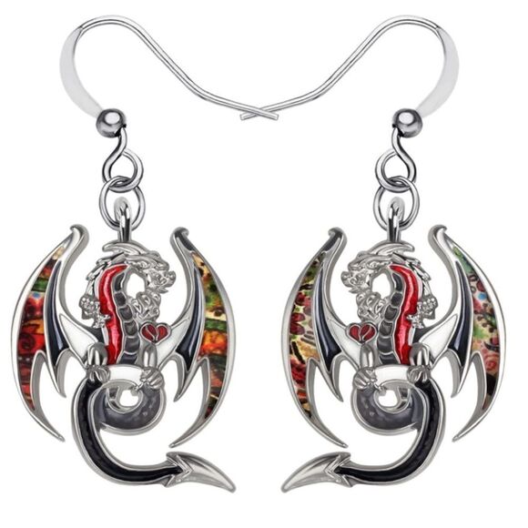 Silver and Multicolor Enamel Mythical Dragon Dangling French Wire Hook Earrings - Picture 1 of 5